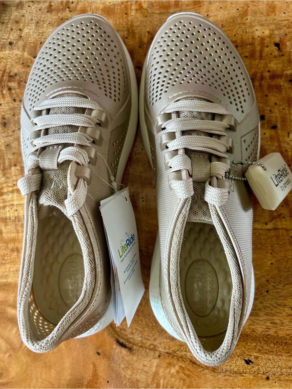 NWT CROCS X  LiteRide Women’s Perforated Sneakers Metallic Champagne, Sz 7